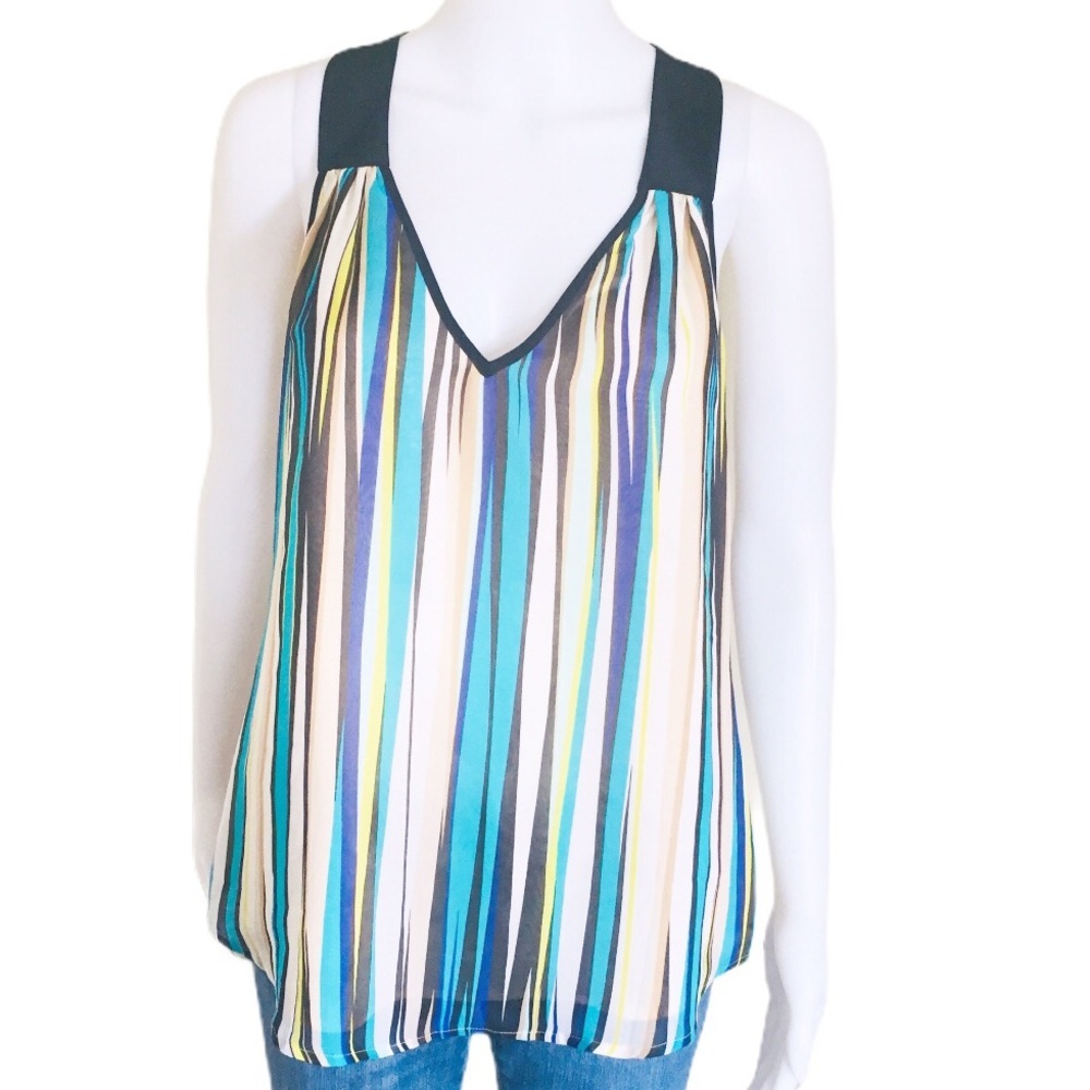 TRINA TURK (Nordstrom) Silk Stripe Sleeveless Blouse/Tank With V Cut Blue Medium